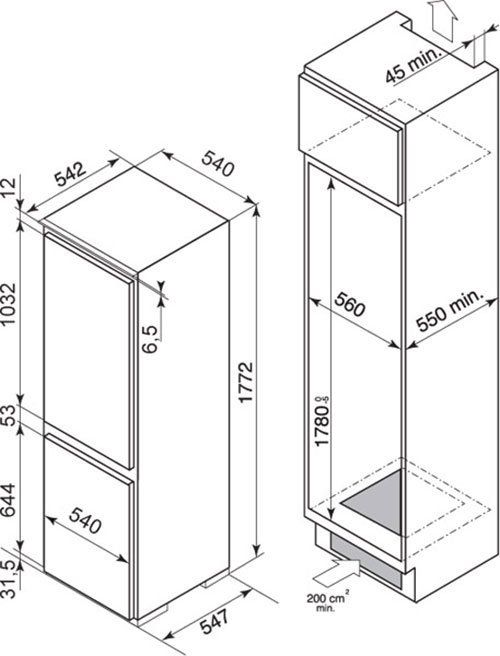 Габариты шкафа для встроенного холодильника