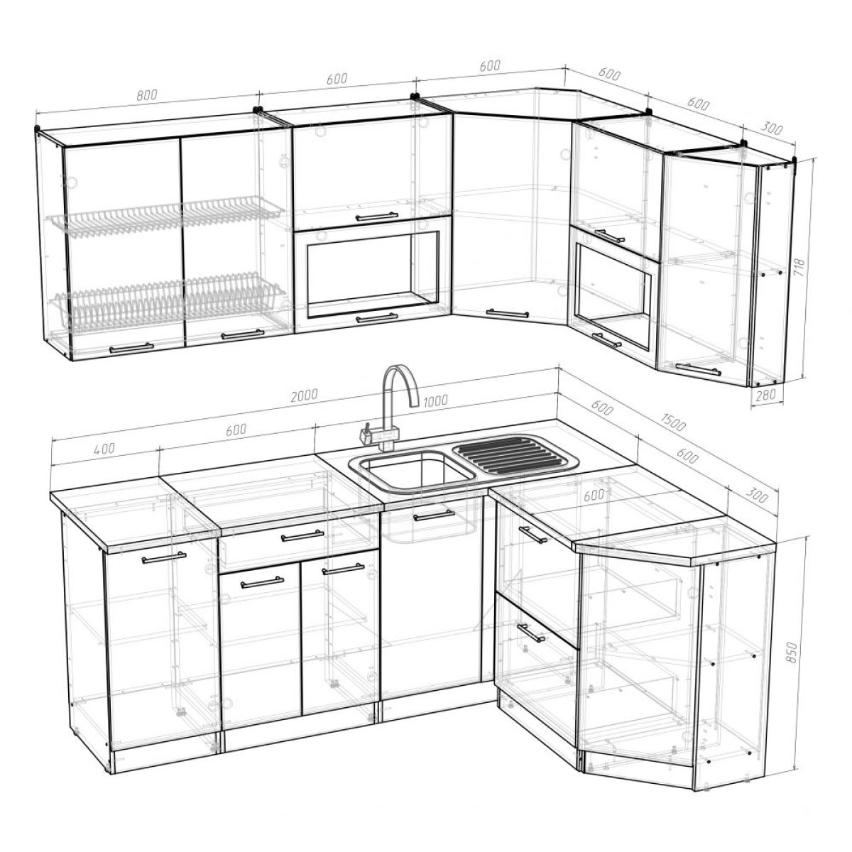 Стандартные размеры кухонных шкафов нижних и верхних чертежи и размеры .