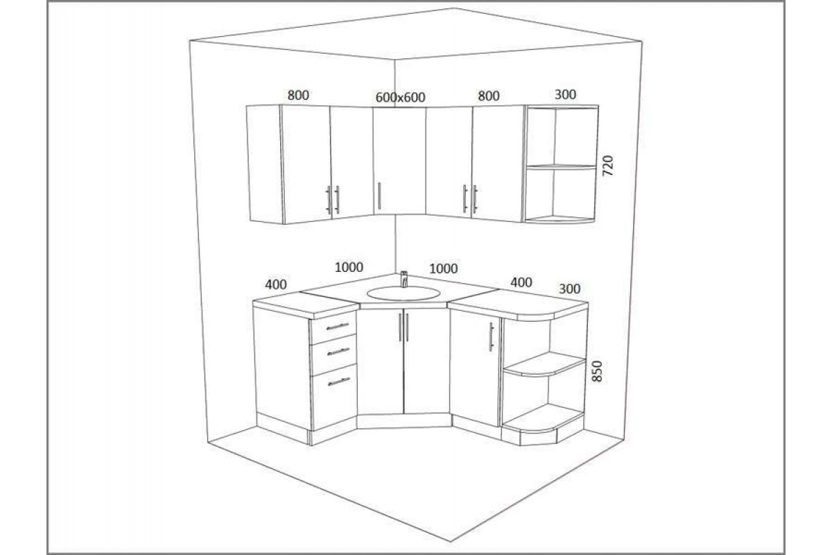 Угловой кухонный шкаф 900х900 чертёж