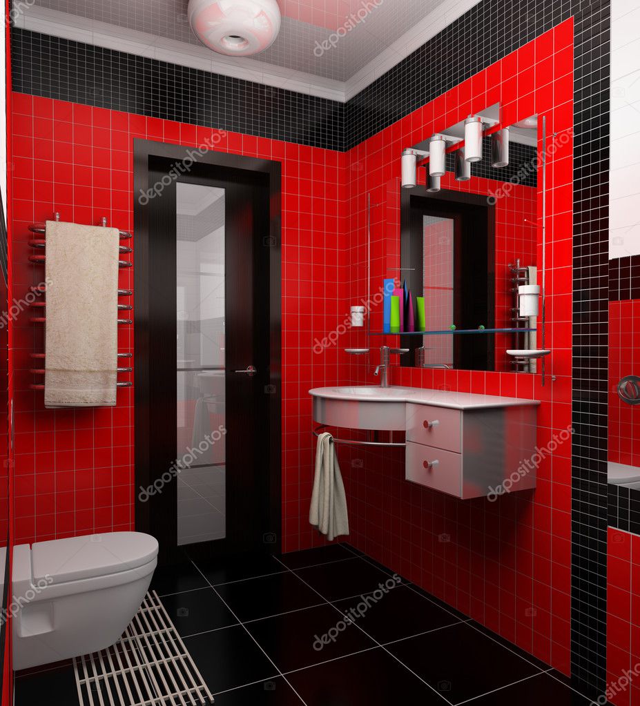 Черно красная ванная комната с туалетом