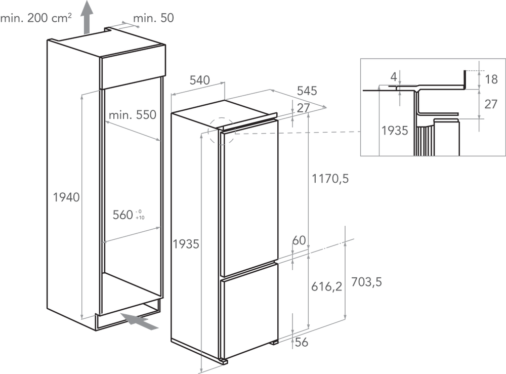 Габариты шкафа для встроенного холодильника