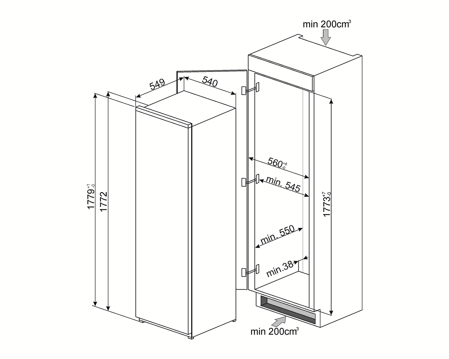 Габариты шкафа для встроенного холодильника