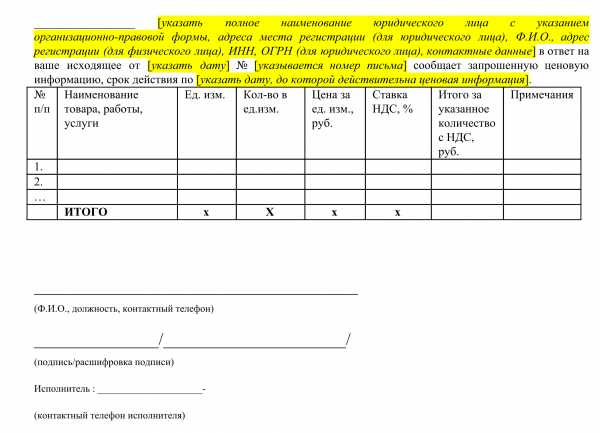 Образец заполнения запрос о предоставлении ценовой информации по 44 фз образец