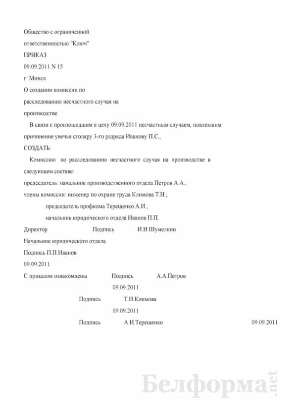 Образец приказа о назначении комиссии по расследованию несчастного случая на производстве