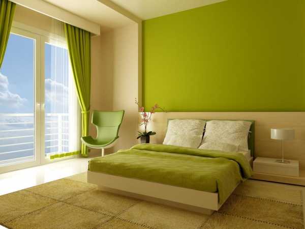 Дизайн спальни с зеленым ковром