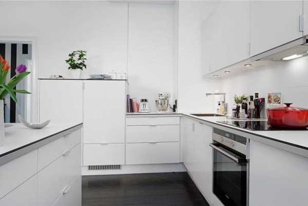 Угловая кухня дизайн с холодильником у окна
